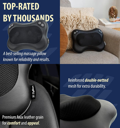 Zyllion Shiatsu Back and Neck Massager with Heat - 3D Electric Kneading Deep Tissue Massage Pillow with 8 Massaging Nodes for Muscle Pain Relief, Black, ZMA-25