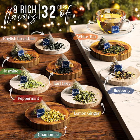 Tea Gift Set For Women - Tea Sampler Gift Set Box Variety Pack - Includes 32 Loose Leaf Tea Bags in 8 Rich Flavors - Holiday Gift for Women