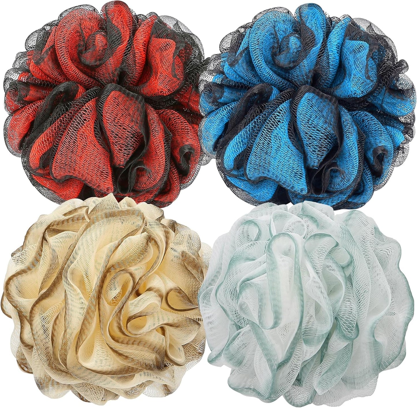 DadyMart Shower Loofah Sponge Pouf – XL Exfoliating Bath Puff Body Scrubber, Soft Mesh Shower Sponge with Reinforced Knot, Rich Lather, Set of 4 for Women and Men
