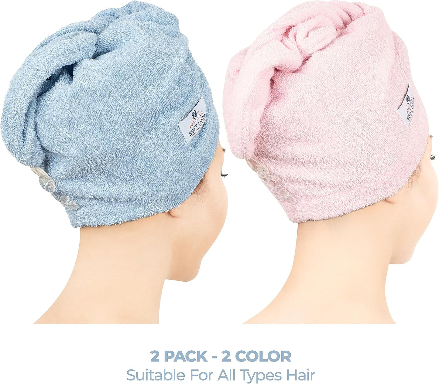 American Soft Linen 100% Cotton Hair Towels for Women, Head Towel Cap, Cotton Hair Turban Towel Wrap for Long Curly Anti Frizz Hair, Soft and Absorbent Cotton Hair Towels 2 Pack, White