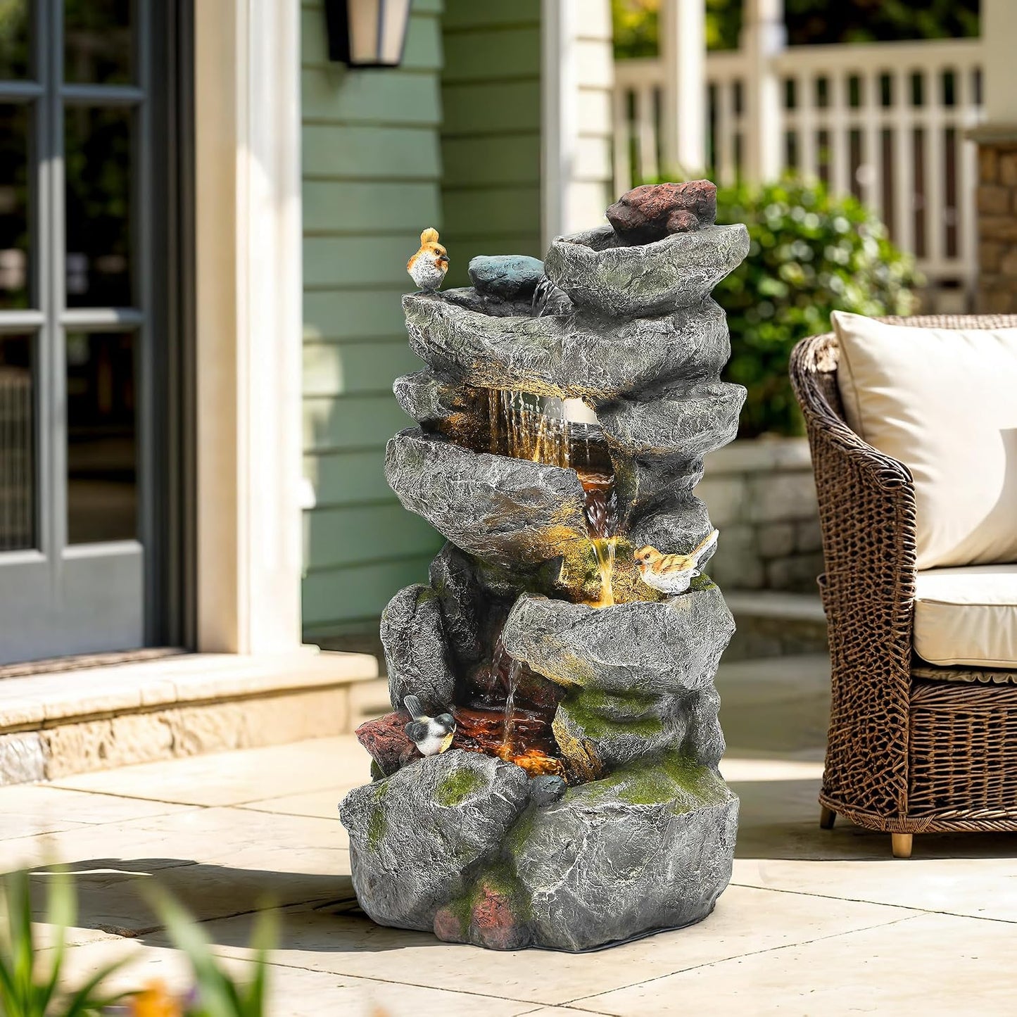 19.5" H 4-Tier Indoor & Outdoor Water Fountain with LED Lights | Resin Pebble Textured Tabletop Cascading Water Feature, Relaxing Decor for Patio, Porch, Deck, Yard & Home