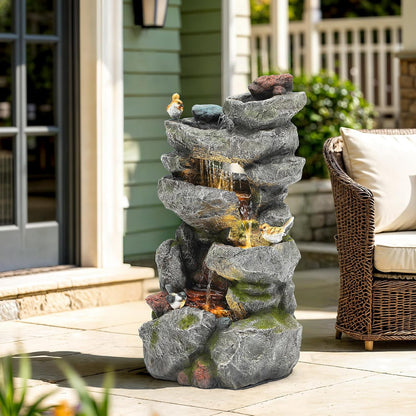 19.5" H 4-Tier Indoor & Outdoor Water Fountain with LED Lights | Resin Pebble Textured Tabletop Cascading Water Feature, Relaxing Decor for Patio, Porch, Deck, Yard & Home