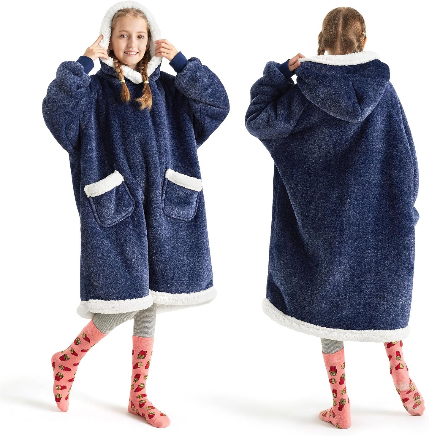 Bedsure Blanket Hoodie, Wearable Blanket Hoodie as Gifts for Mom, Birthday Gifts for Women Kids Teens Mother's Day Sherpa Sweatshirt, Grey, Standard