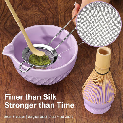 Matcha Whisk Set, 7 Pcs Matcha Kit, Ceramic Matcha Set Includes Matcha Bowl with Spout, Matcha Whisk and Holder, Bamboo Scoop, Scoop Rest, Sifter and Tea Towel (Ceramic White)