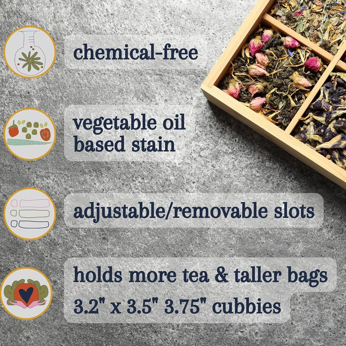 Tea Organizer Box Food Safe Chemical Free Bamboo Wood Storage Chest Big, Tall, Adjustable Cubbies (8-Slot 14.3" x 8.1" x 4.2" with TEA print design)