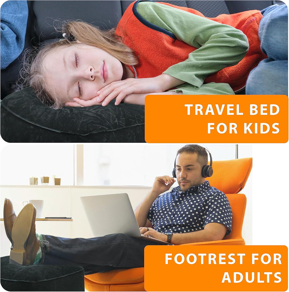 Inflatable Foot Rest Pillow for Airplane Travel - Adjustable Leg Rest for Long Flights, Baby/Toddler Airplane Seat Extender - Grey