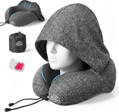 SkytraxComf® Travel Neck Pillow with Hood for Privacy on Long Flights | Memory Foam | Airplane Sleep | Safety-Tested Materials | Extra Large Hood | Chin Support | Earplugs | Washable Cover