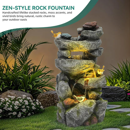 19.5" H 4-Tier Indoor & Outdoor Water Fountain with LED Lights | Resin Pebble Textured Tabletop Cascading Water Feature, Relaxing Decor for Patio, Porch, Deck, Yard & Home