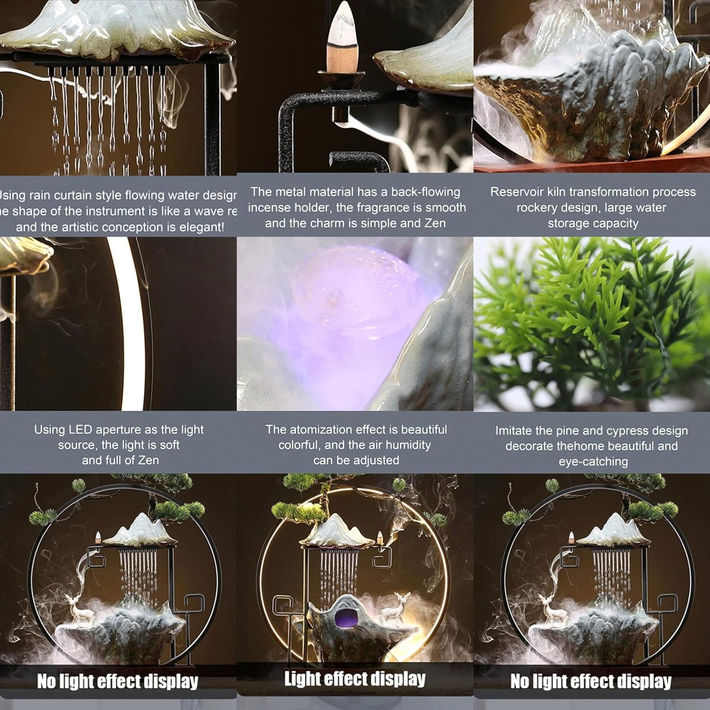 Mini Artificial Bonsai Tree Waterfall Fog Feature Rock Tabletop Fountain | 11in Desktop Decor Waterfall Fountain W/ Water Pump& Atomizer&LED Lights &Fake Tree Office Bedroom Relax