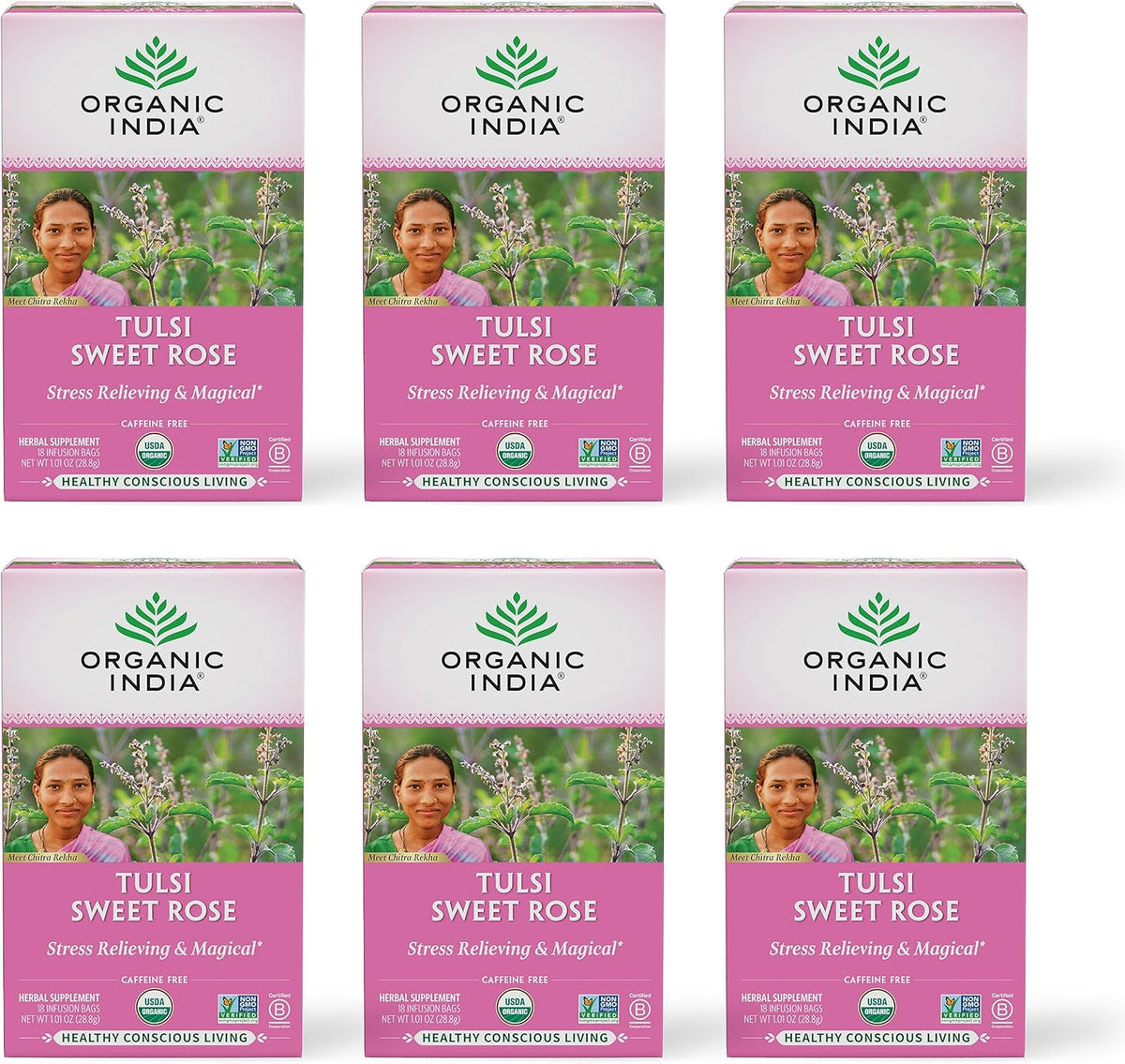 ORGANIC INDIA Tulsi Sweet Rose Herbal Tea, 18 Infusion Bags, 6 Pack