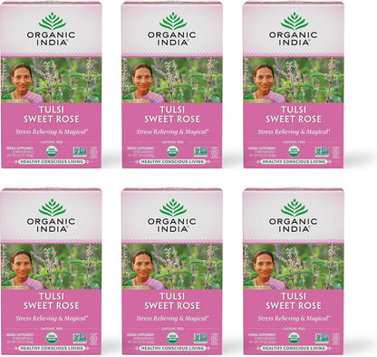 ORGANIC INDIA Tulsi Sweet Rose Herbal Tea, 18 Infusion Bags, 6 Pack