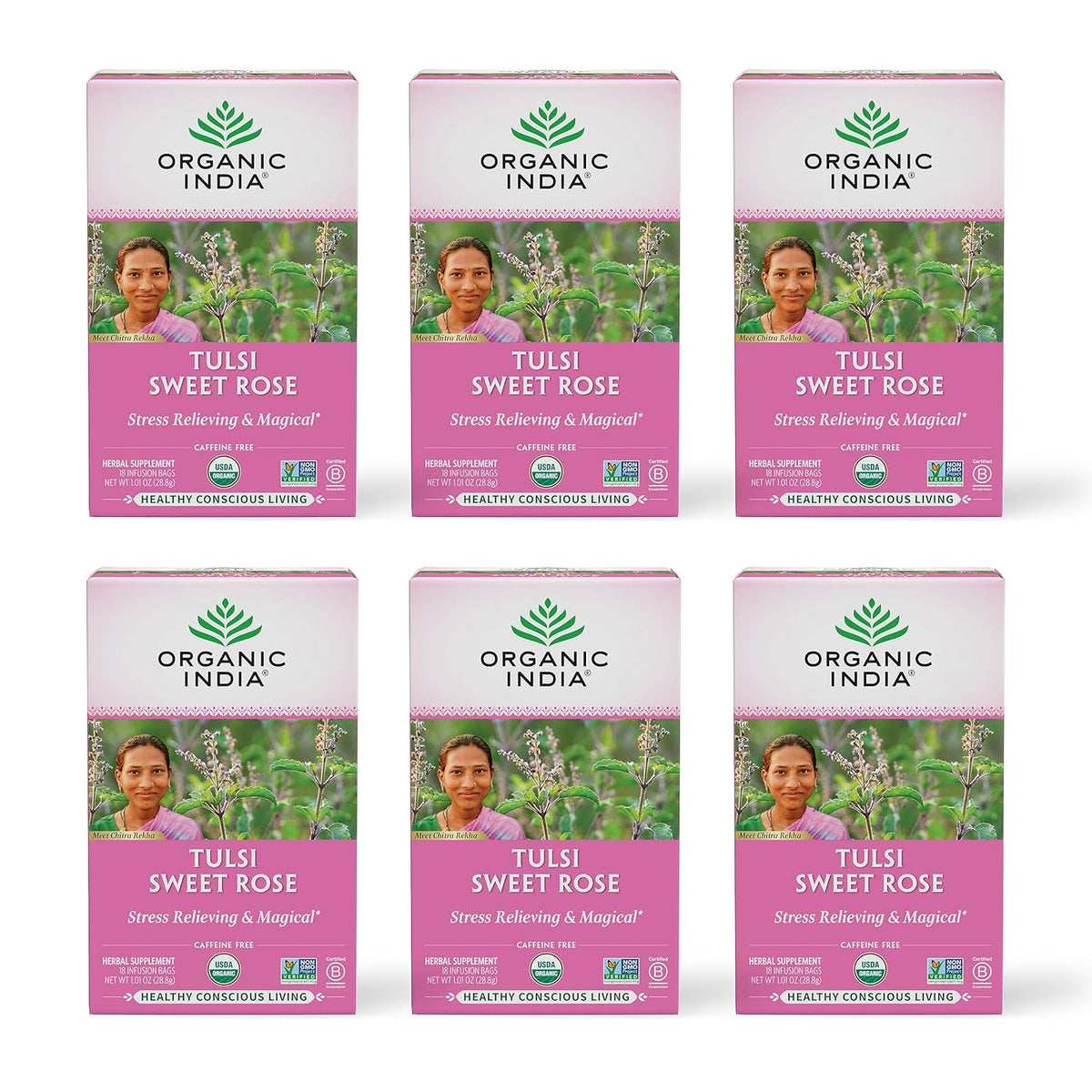 ORGANIC INDIA Tulsi Sweet Rose Herbal Tea, 18 Infusion Bags, 6 Pack