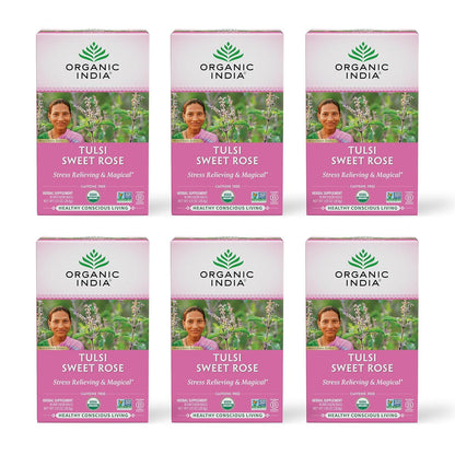ORGANIC INDIA Tulsi Sweet Rose Herbal Tea, 18 Infusion Bags, 6 Pack