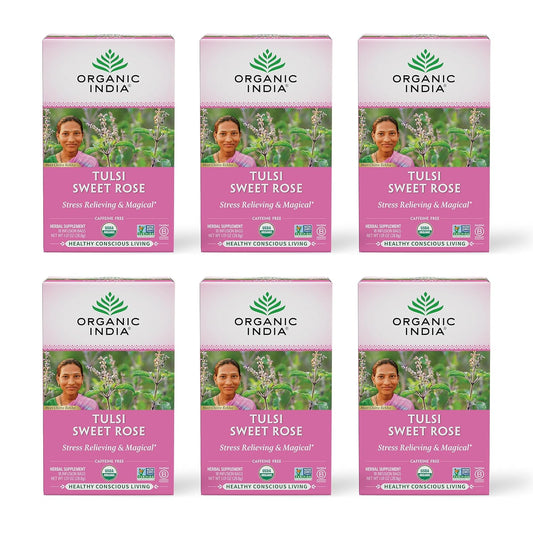 ORGANIC INDIA Tulsi Sweet Rose Herbal Tea, 18 Infusion Bags, 6 Pack