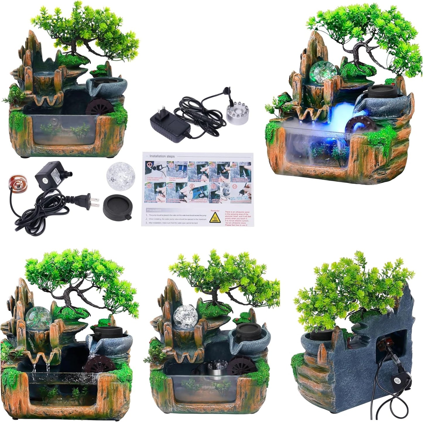 Mini Artificial Bonsai Tree Waterfall Fog Feature Rock Tabletop Fountain | 11in Desktop Decor Waterfall Fountain W/ Water Pump& Atomizer&LED Lights &Fake Tree Office Bedroom Relax