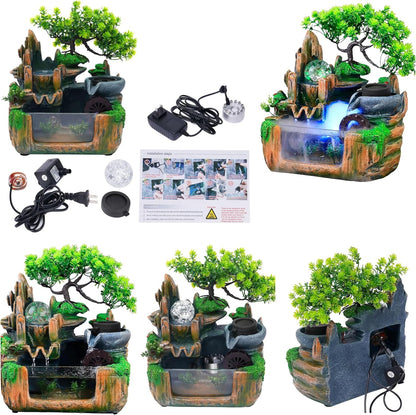 Mini Artificial Bonsai Tree Waterfall Fog Feature Rock Tabletop Fountain | 11in Desktop Decor Waterfall Fountain W/ Water Pump& Atomizer&LED Lights &Fake Tree Office Bedroom Relax