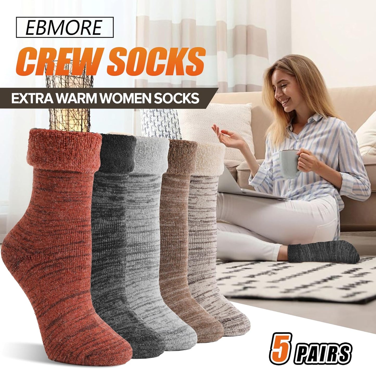 EBMORE 5 Pairs Women Merino Wool Boot Socks Warm Thermal Winter Thick Hiking Cozy Cabin Crew Comfy Socks for Ladies