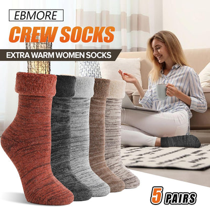 EBMORE 5 Pairs Women Merino Wool Boot Socks Warm Thermal Winter Thick Hiking Cozy Cabin Crew Comfy Socks for Ladies