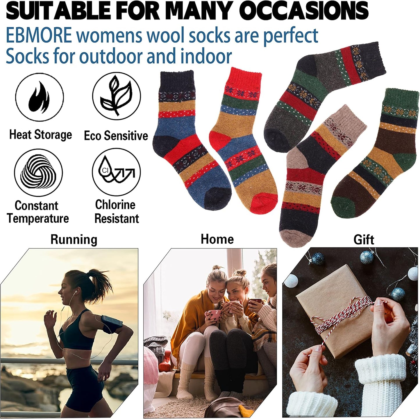 EBMORE Merino Wool Socks for Women Hiking Thermal Warm Winter Thick Boot Cozy Crew Comfy Work Socks for Ladies 5 Pairs