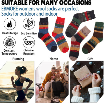 EBMORE Merino Wool Socks for Women Hiking Thermal Warm Winter Thick Boot Cozy Crew Comfy Work Socks for Ladies 5 Pairs