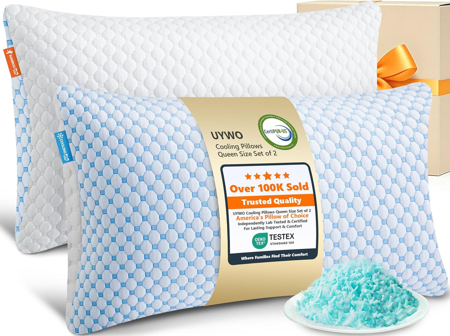 UYWO Cooling Pillows Queen Size Set of 2, Memory Foam Pillows with Zipper, Firm Bed Pillows Adjustable for Hot Side Back Stomach Sleepers
