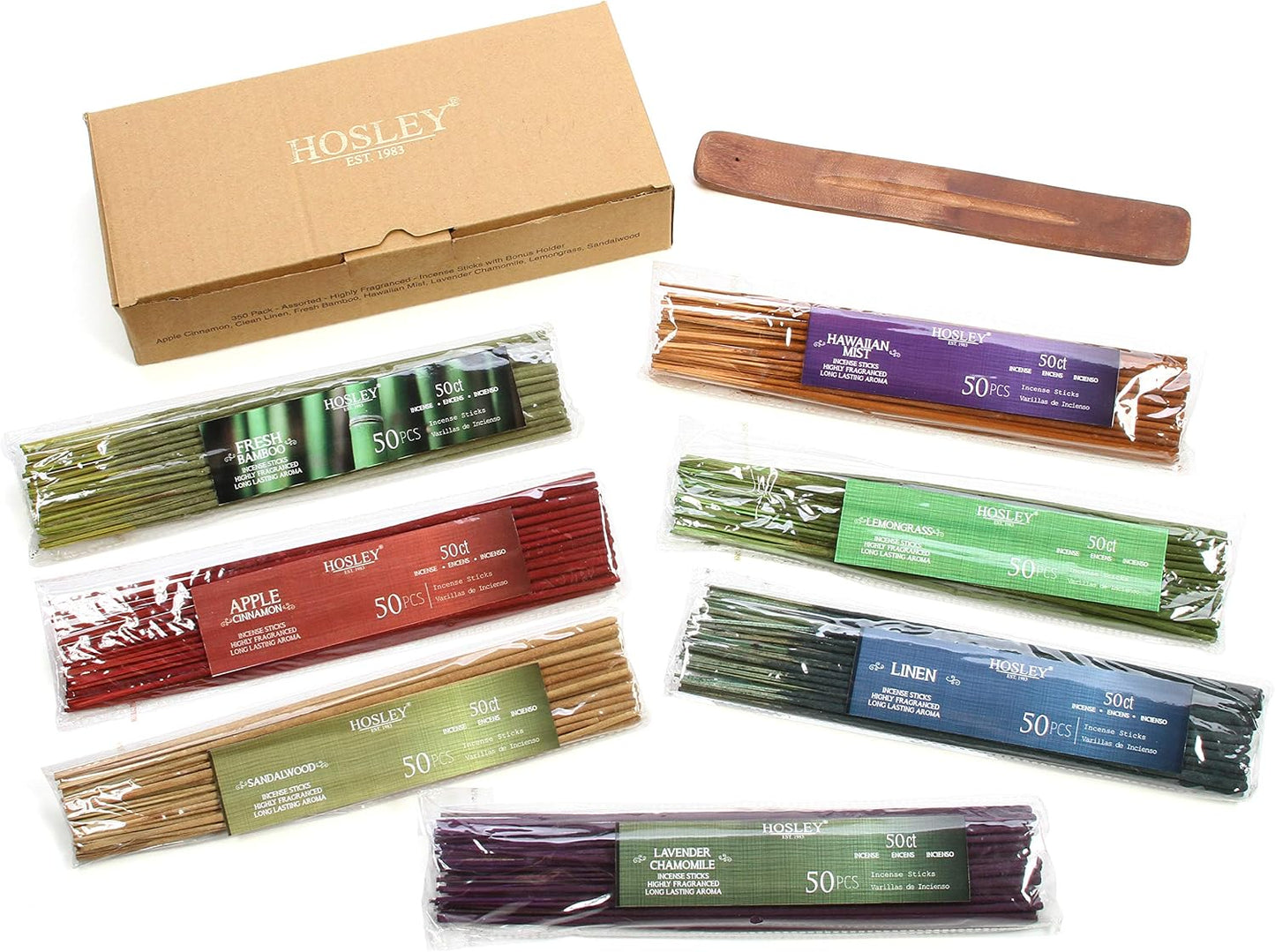 Hosley 320 Assorted Incense Sticks with Holder Eucalyptus, Fresh Bamboo, Lavender, Myrrh, Lavender Chamomile, Vanilla, Citrus, Dragon Blood Idea for Home, Wedding, Spa, Meditation & Aromatherapy