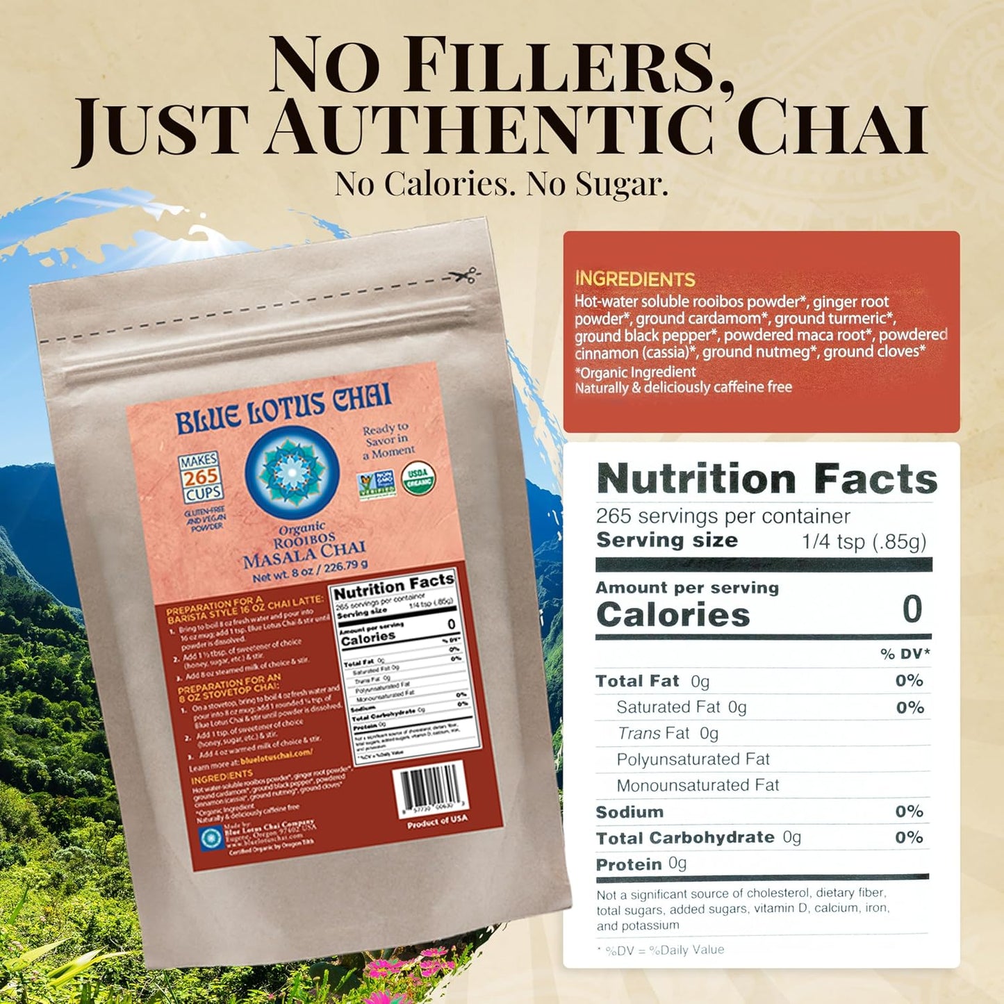 Blue Lotus Chai - Rooibos Flavor Masala Chai - Makes 65 Cups - 2 Ounce Masala Spiced Chai Powder with Organic Spices - Instant Indian Tea No Steeping - No Gluten