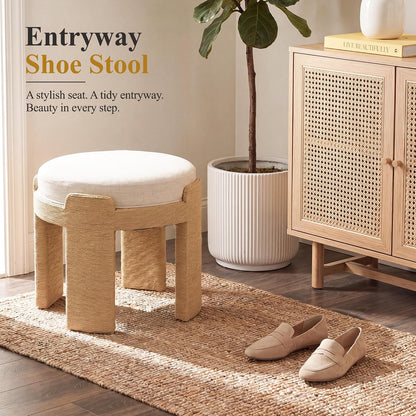 Round Foot Stool Ottoman Set of 2, Boho Hand-Woven Rope Upholstered Accent Footrest Vanity Stool Fully Assembled for Bedroom Living Room, Beige Linen