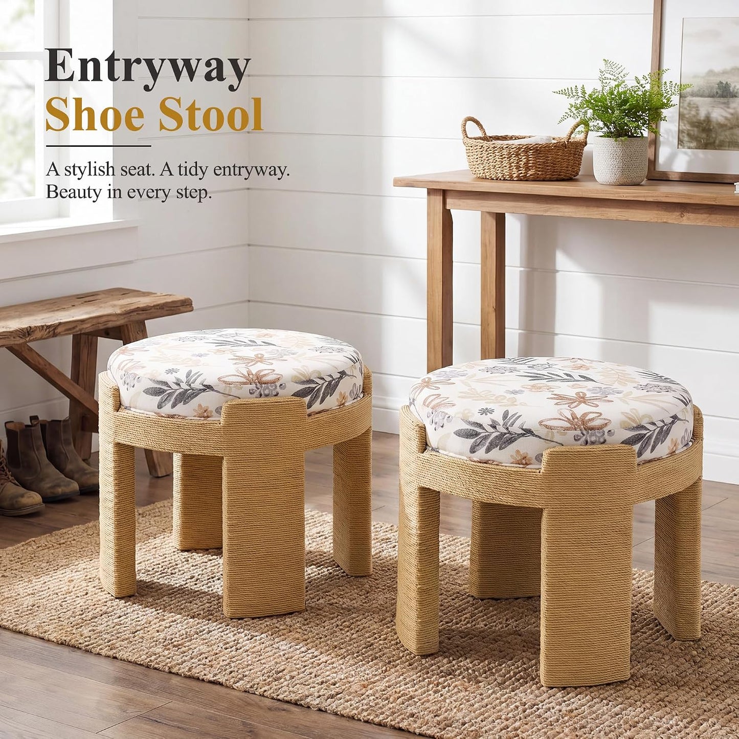 Round Foot Stool Ottoman Set of 2, Boho Hand-Woven Rope Upholstered Accent Footrest Vanity Stool Fully Assembled for Bedroom Living Room, Beige Linen