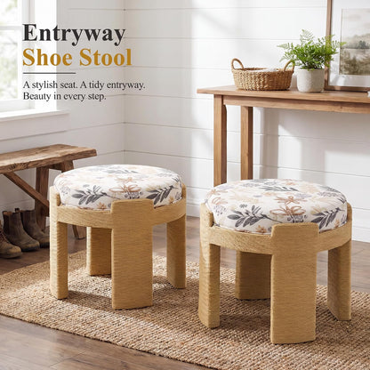 Round Foot Stool Ottoman Set of 2, Boho Hand-Woven Rope Upholstered Accent Footrest Vanity Stool Fully Assembled for Bedroom Living Room, Beige Linen