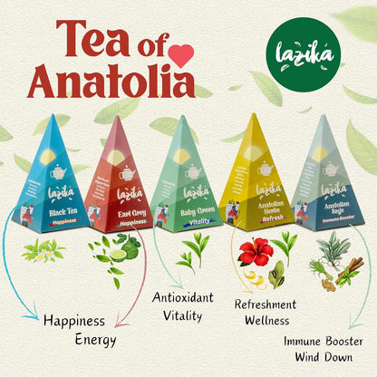 Lazika Tea Sampler with Premium Presentation Box, 10 Counts, Mothers Day Gifts, 2 of Each Blend Individually Wrapped, Black, Green and Herbal Tea Variety Gift Set, Collection with Pyramid Infuser Bag