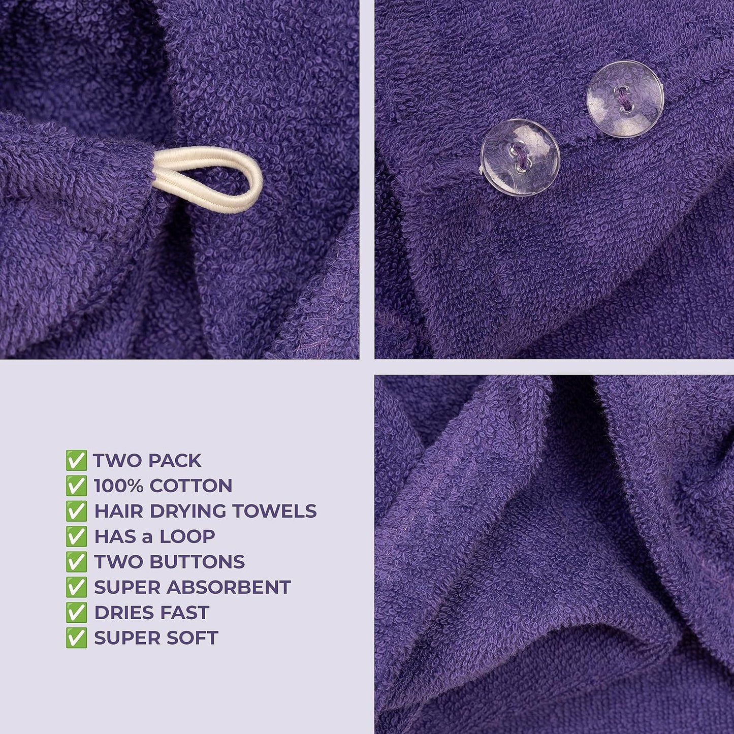 American Soft Linen 100% Cotton Hair Towels for Women, Head Towel Cap, Cotton Hair Turban Towel Wrap for Long Curly Anti Frizz Hair, Soft and Absorbent Cotton Hair Towels 2 Pack, White