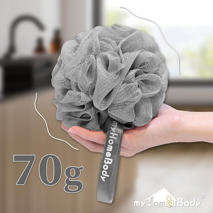 myHomeBody Large 70g Loofah Sponge, Bath Body Scrubber for Women, Men, Exfoliating Shower Pouf with Activated Charcoal - 2 Graphite Gray + 1 Sage Green, 3 Pack