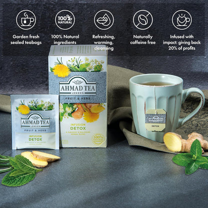 Ahmad Tea Herbal Tea, Ginger, Peppermint, Fennel, Dandelion, & Birch 'Detox' Teabags, 20 ct (Pack of 1) - Decaffeinated & Sugar-Free