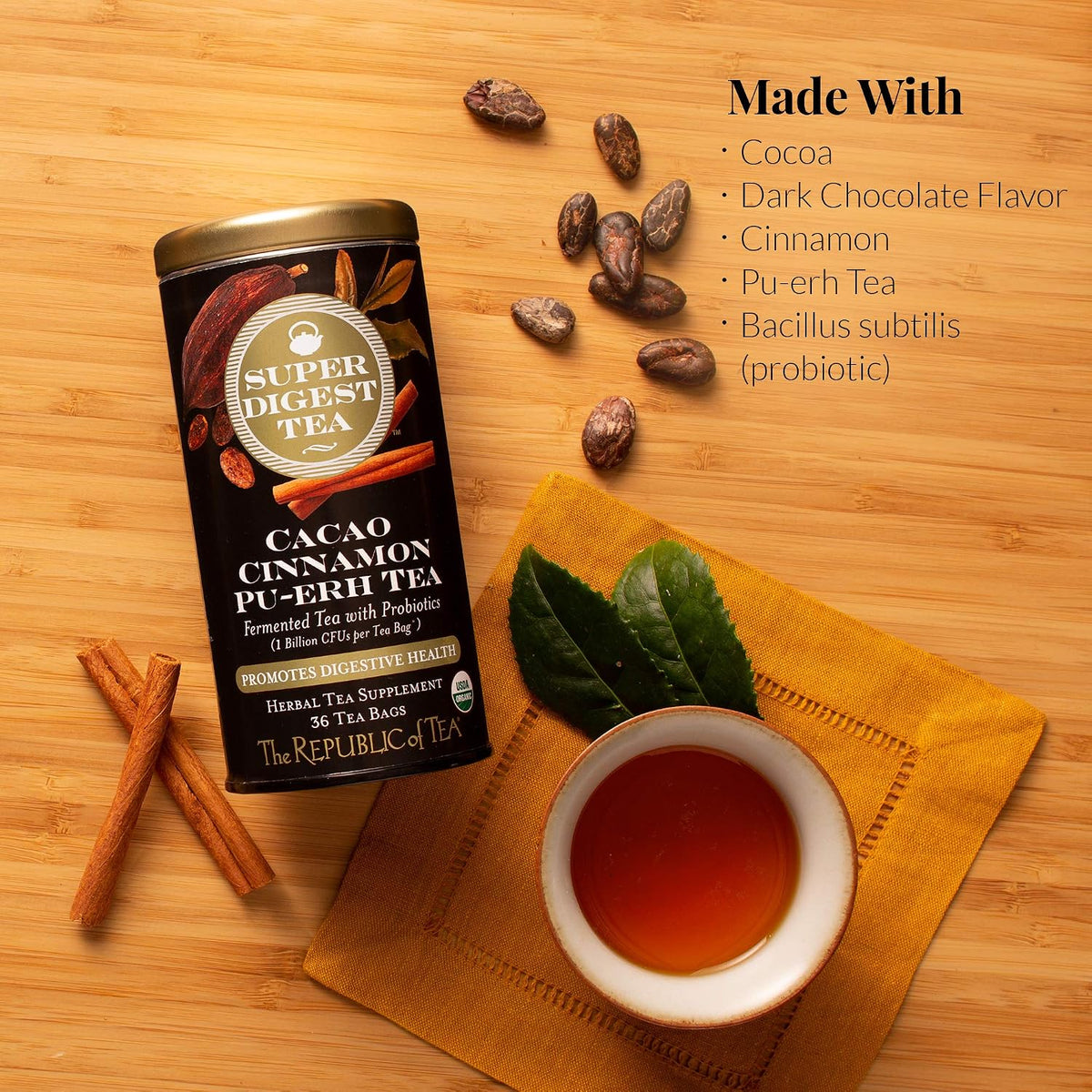 The Republic of Tea Organic Cacao Cinnamon Pu-erh SuperDigest Tea® | Probiotic Tea Bags (36 count)