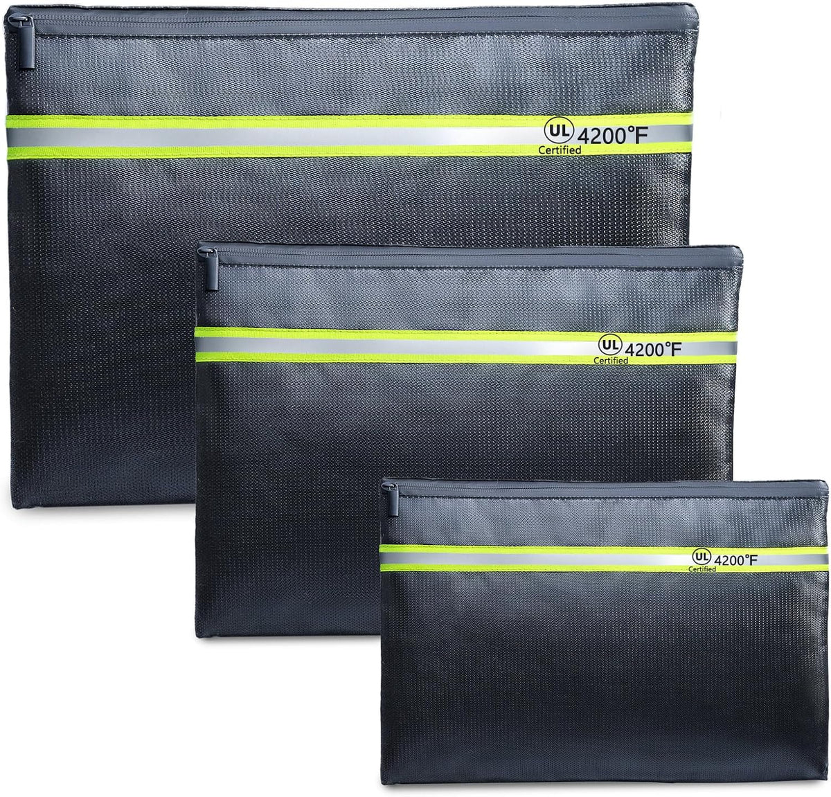 Fireproof Document Bag – 3 Pack (15" x 11", 13" x 9.7", 10.5" x 8") Fireproof & Water- proof Document Organizer | Document Holder with Zipper Secure for Cash, Passports, Check& More