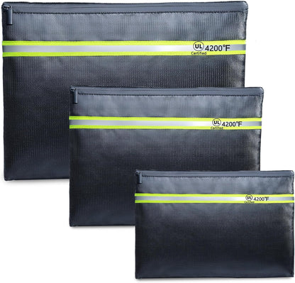 Fireproof Document Bag – 3 Pack (15" x 11", 13" x 9.7", 10.5" x 8") Fireproof & Water- proof Document Organizer | Document Holder with Zipper Secure for Cash, Passports, Check& More