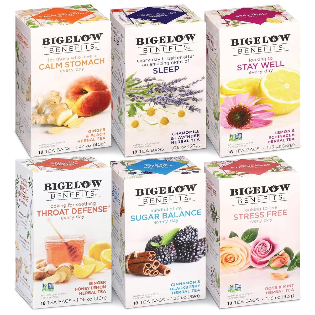 Bigelow Tea Benefits Wellness Teas Variety Pack, 18 Count (Pack of 6)