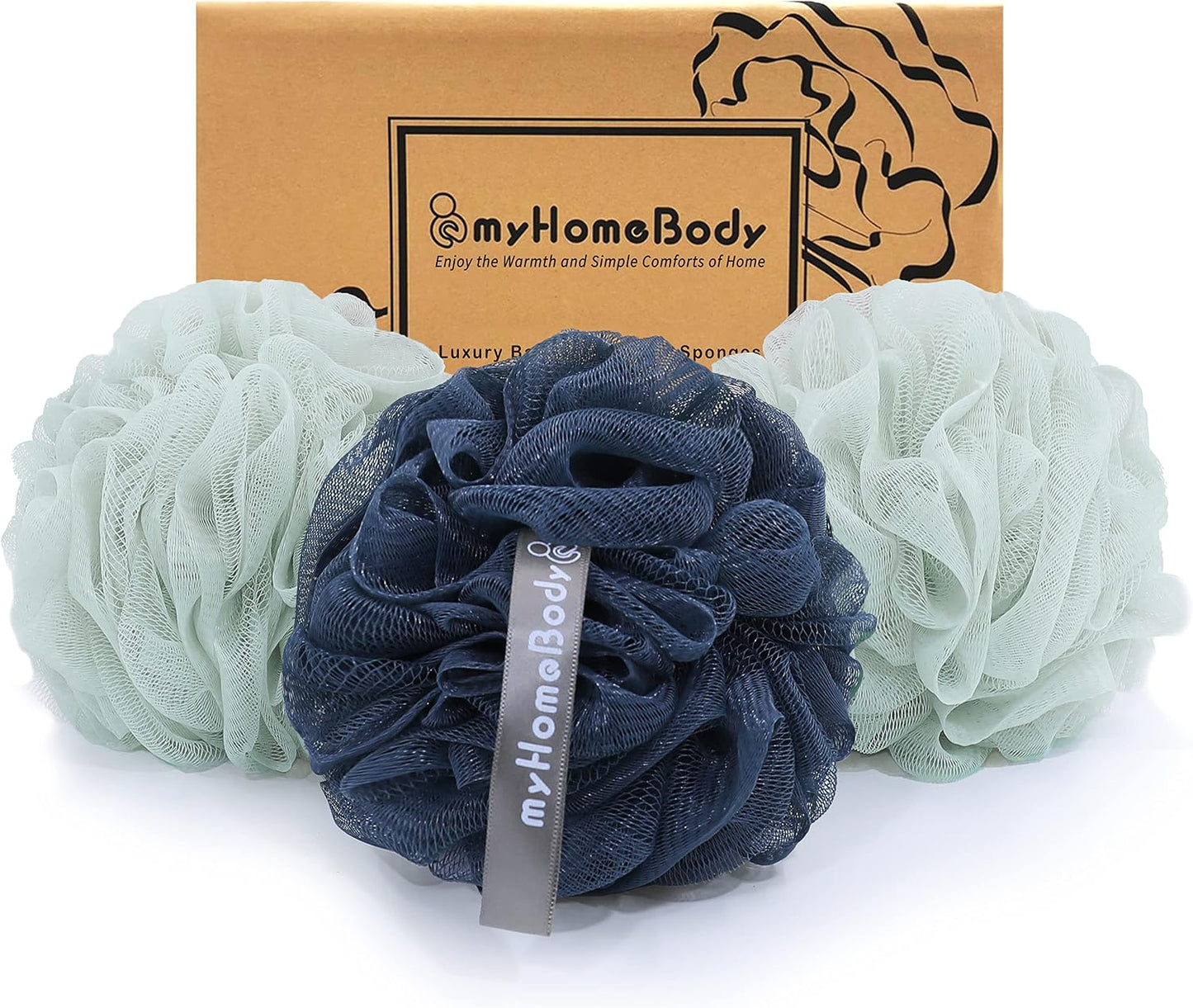 myHomeBody Large 70g Loofah Sponge, Bath Body Scrubber for Women, Men, Exfoliating Shower Pouf with Activated Charcoal - 2 Graphite Gray + 1 Sage Green, 3 Pack