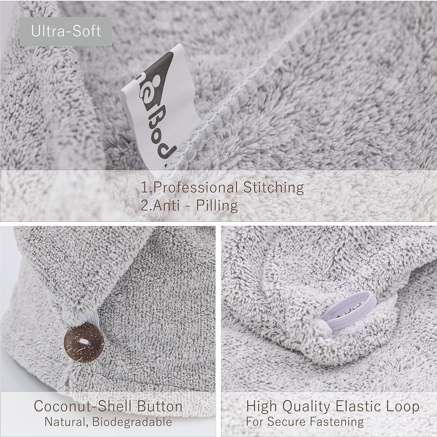 myHomeBody Hair Towel Wrap, Luxury Quick Drying Turban, Ultra Soft Absorbent Charcoal Fiber Cap, with Coconut Shell Button – Gray