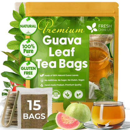 FreshDrinkUS, Premium 15 Guava Leaf Tea Bags, Handmade, 100% Natural and Pure. Guava Tea, Loose Leaf Herbal Tea. No Sugar/Caffeine/Gluten, Vegan.
