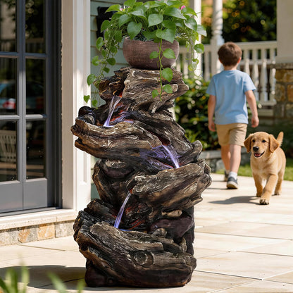 19.5" H 4-Tier Indoor & Outdoor Water Fountain with LED Lights | Resin Pebble Textured Tabletop Cascading Water Feature, Relaxing Decor for Patio, Porch, Deck, Yard & Home