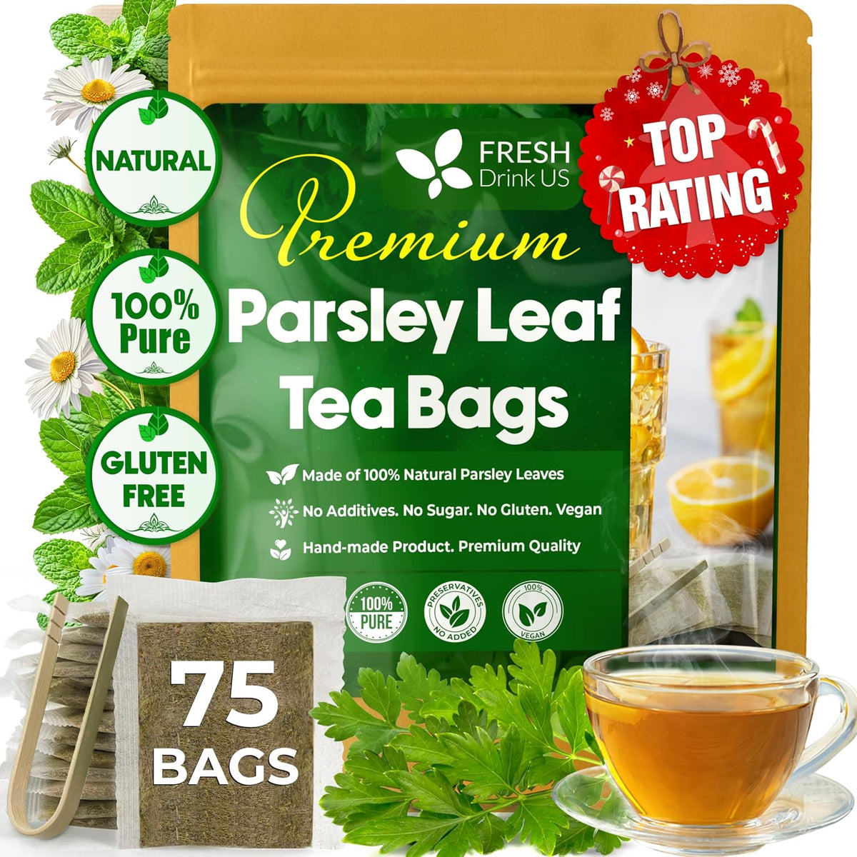FreshDrinkUS, Premium Parsley Leaf Tea, 75 Count, Pure, Caffeine Free