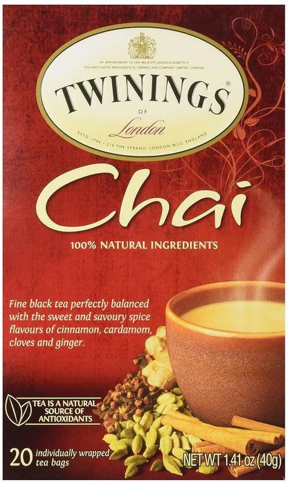 Twinings Chai Black Tea Individually Wrapped Bags, 20 Count (Pack of 2), Sweet, Savoury Spices, Caffeinated, Enjoy Hot or Iced, 20 Teabags