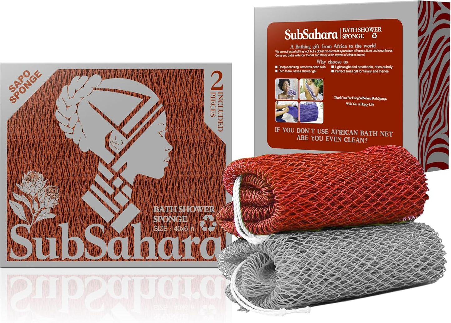SubSahara Authentic African Net Sponge - 2 Pack Exfoliating Bath & Shower Loofah Sponge for Body & Face, Gentle Scrubber for All Skin Types, Travel, Durable Polyester (Olive Green & Light Green)