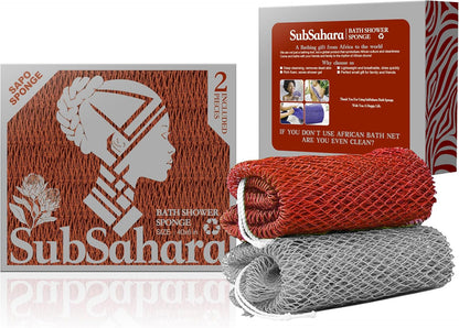 SubSahara Authentic African Net Sponge - 2 Pack Exfoliating Bath & Shower Loofah Sponge for Body & Face, Gentle Scrubber for All Skin Types, Travel, Durable Polyester (Olive Green & Light Green)
