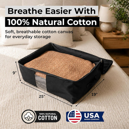 Soft Canvas Storage Bags with Zipper. Thick Breathable, 2pc King/Queen Comforter Organizer. Four Carrying Handles and Window. Large 25x19x9in Bag for Sheets Blankets Bedding Pillows, Clothes
