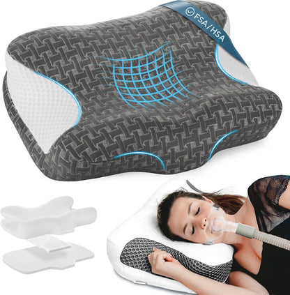 Elviros CPAP Pillow for Sleeping, HSA/FSA Ergonomic Adjustable Height Neck Support Memory Foam Bed Pillow for CPAP Users with Sleep Apnea, Suitable for Side and Back Sleepers