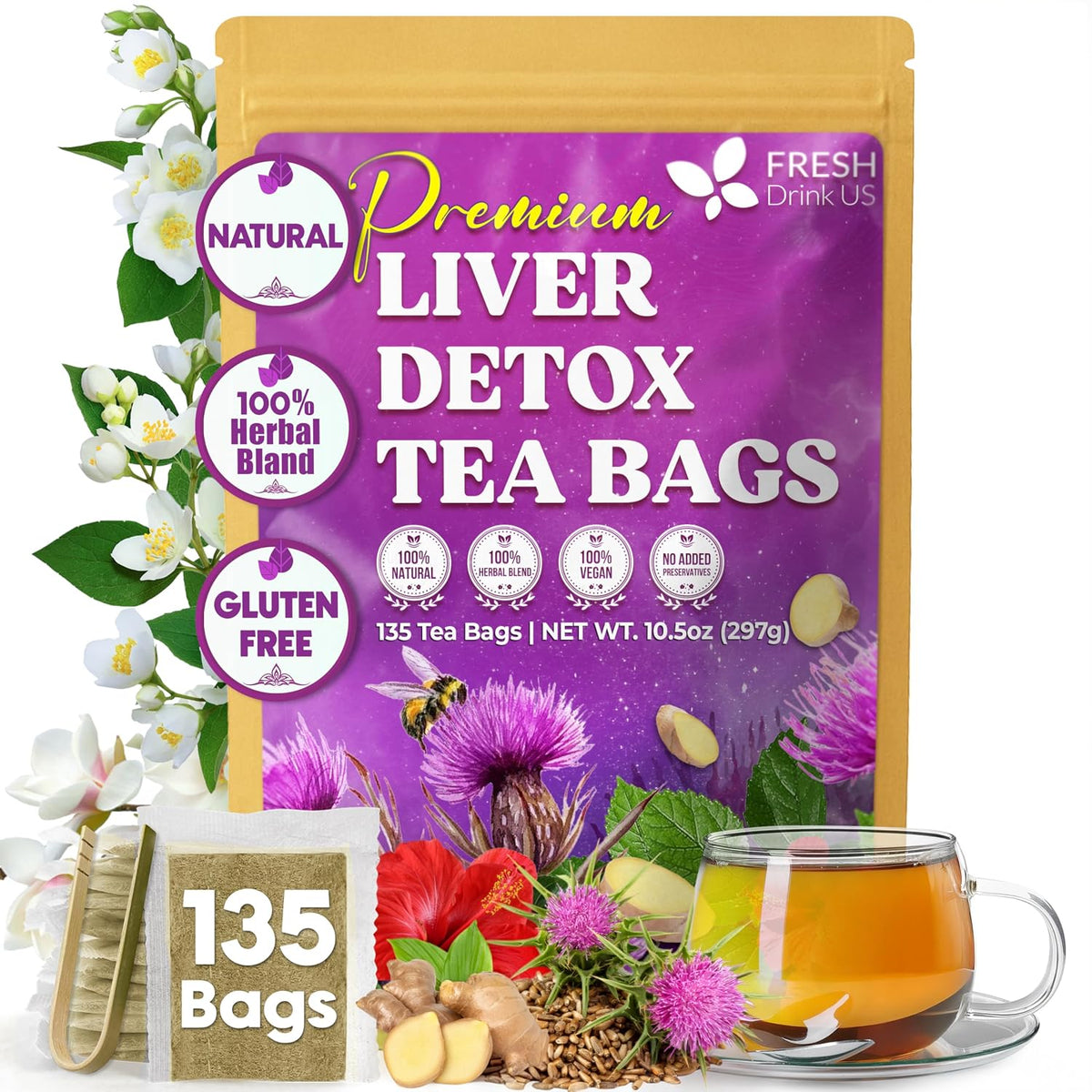 FreshDrinkUS, Premium Liver Detox Tea Bags | 135 Count | Eco-Conscious Corn Fiber Tea Bags | Ayurvedic Stomach Relief & Liver Support | Vegan, Caffeine Free, Kosher