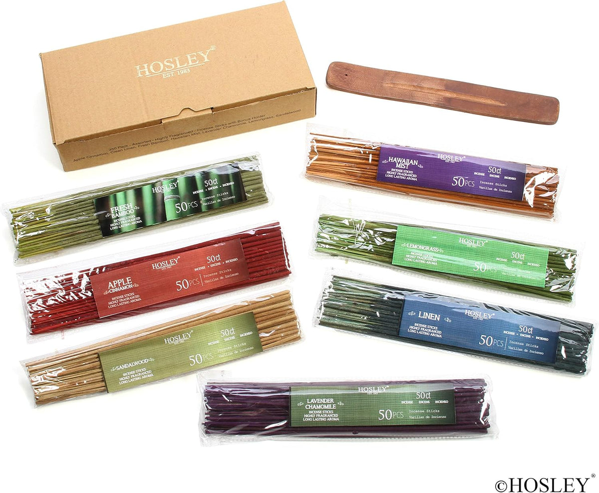 Hosley 320 Assorted Incense Sticks with Holder Eucalyptus, Fresh Bamboo, Lavender, Myrrh, Lavender Chamomile, Vanilla, Citrus, Dragon Blood Idea for Home, Wedding, Spa, Meditation & Aromatherapy
